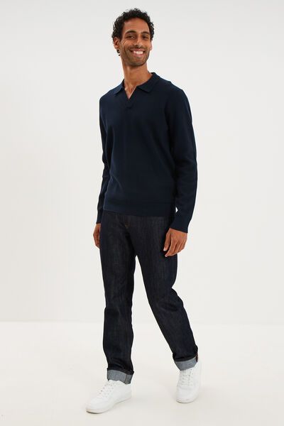 Pull col polo manches longues bleu marine homme