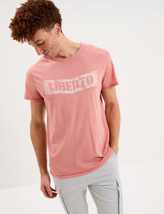T-shirt manches courtes coton d&eacute;lav&eacute; vieux rose homme