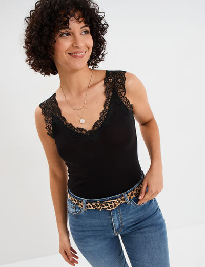 D&eacute;bardeur ajust&eacute; avec dentelle col V noir femme