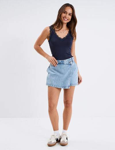 Débardeur ajusté détail dentelle bleu marine femme