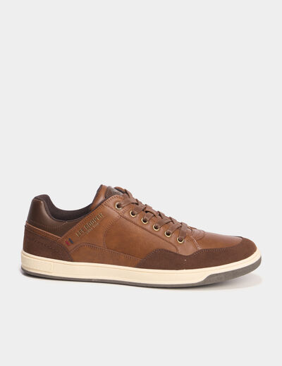 Tennis basses &agrave; lacets marron cognac homme