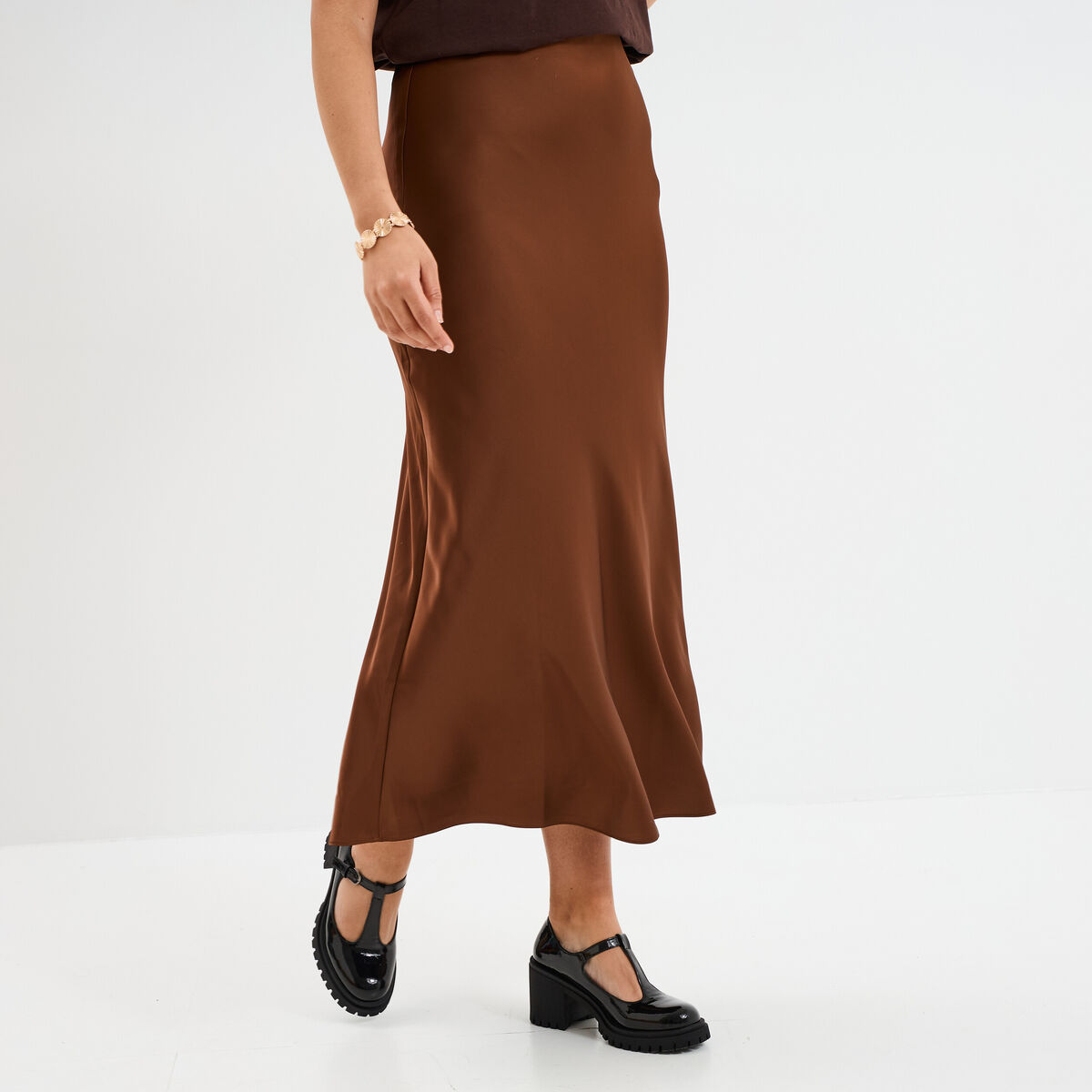 Jupe effet satin longue &eacute;vas&eacute;e beige femme
