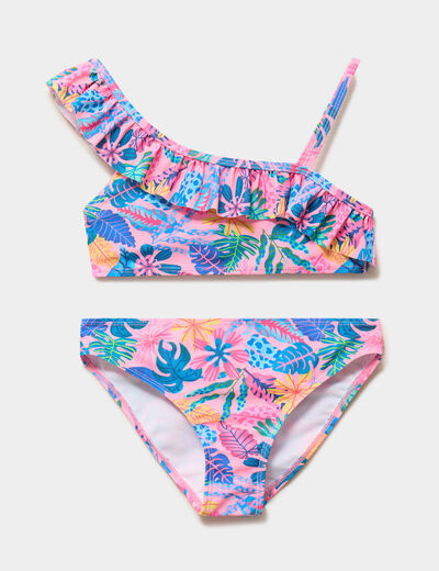 Maillot de bain 2 pi&egrave;ces &agrave; volants rose fluo fille
