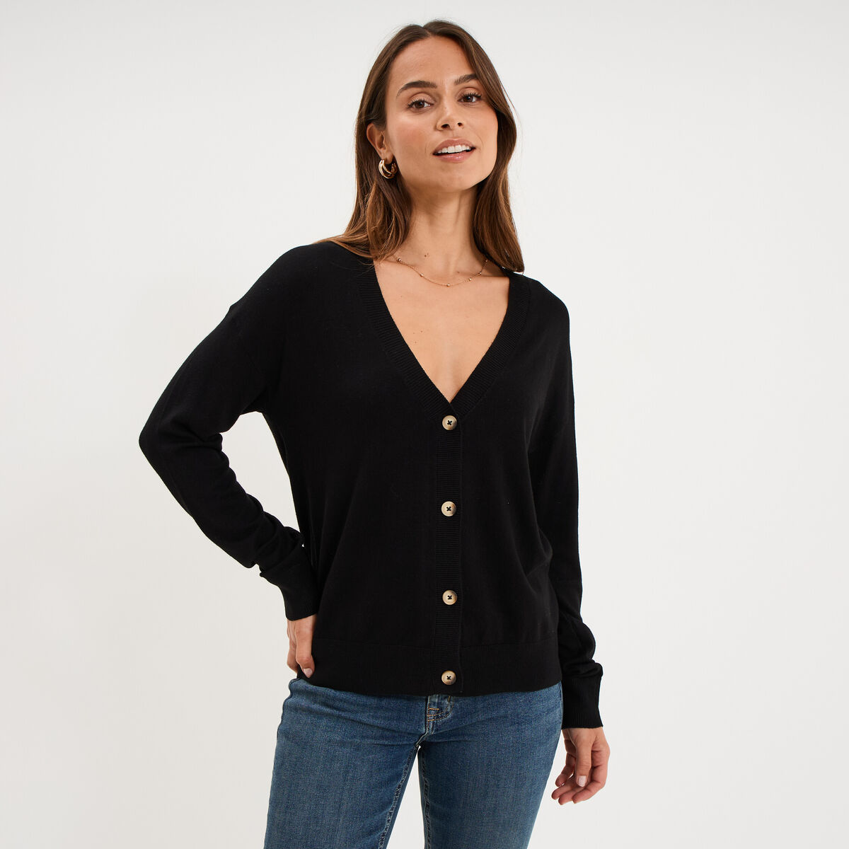 Gilet col en V boutonn&eacute; noir femme