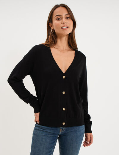 Gilet col en V boutonn&eacute; noir femme