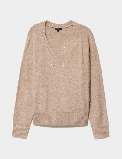Pull col V &agrave; paillettes et sequins beige femme
