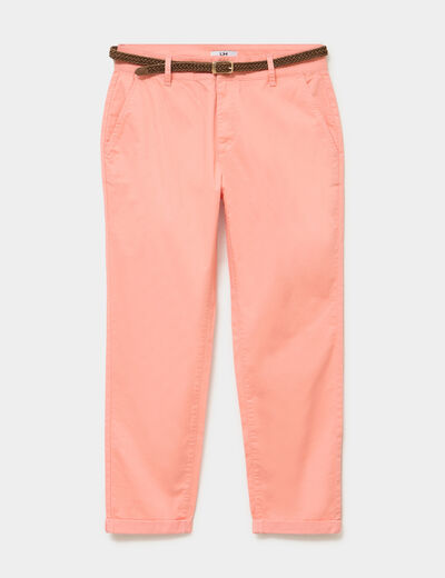 Pantalon chino 7/8&egrave;me ceinture tress&eacute;e orange corail femme
