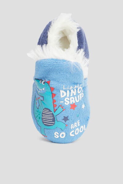 Chaussons fourrés motif dinosaure bleu bébé garçon