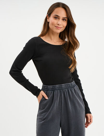 T-shirt col rond manches longues coton gris foncé femme