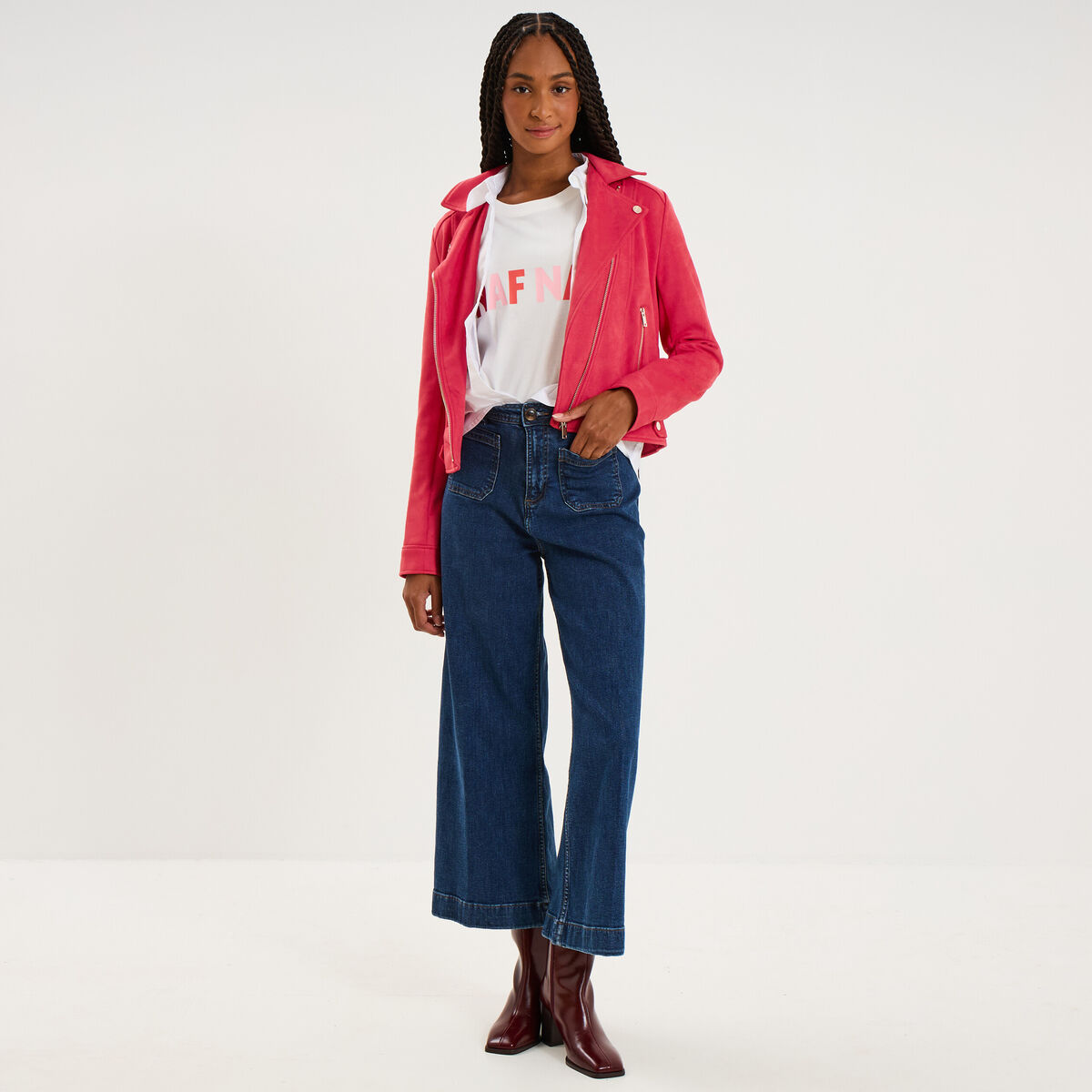 Veste biker en su&eacute;dine ajust&eacute;e rose cerise femme