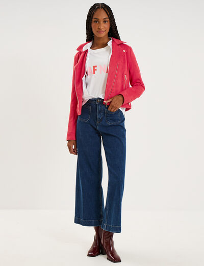 Veste biker en su&eacute;dine ajust&eacute;e rose cerise femme