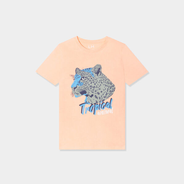 T-shirt col rond manches courtes coton orange fluo garçon