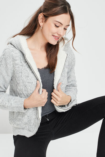 Gilet zippé doublure sherpa à capuche gris femme