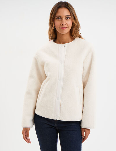 Veste effet polaire boutonn&eacute;e col rond ecru femme