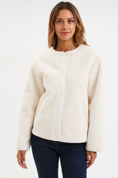Veste effet polaire boutonn&eacute;e col rond ecru femme
