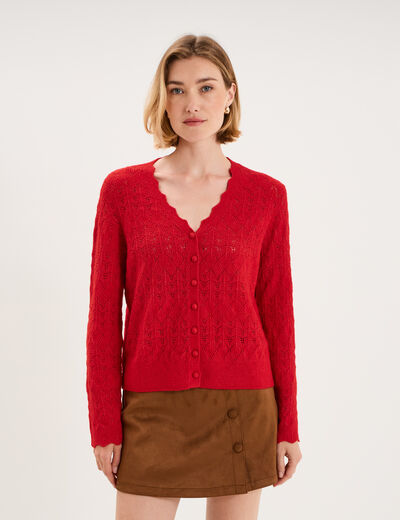 Gilet col V maille ajour&eacute;e boutonn&eacute; rouge femme