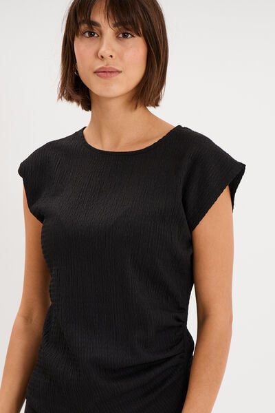 T-shirt fronc&eacute; gaufr&eacute; manches courtes noir femme