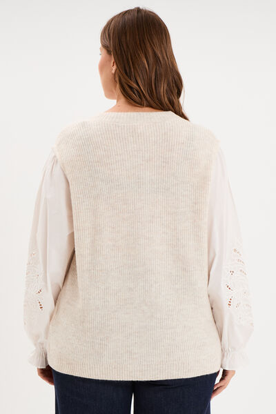 Gilet 2 en 1 manches broderie ajour&eacute;e beige femme grande taille