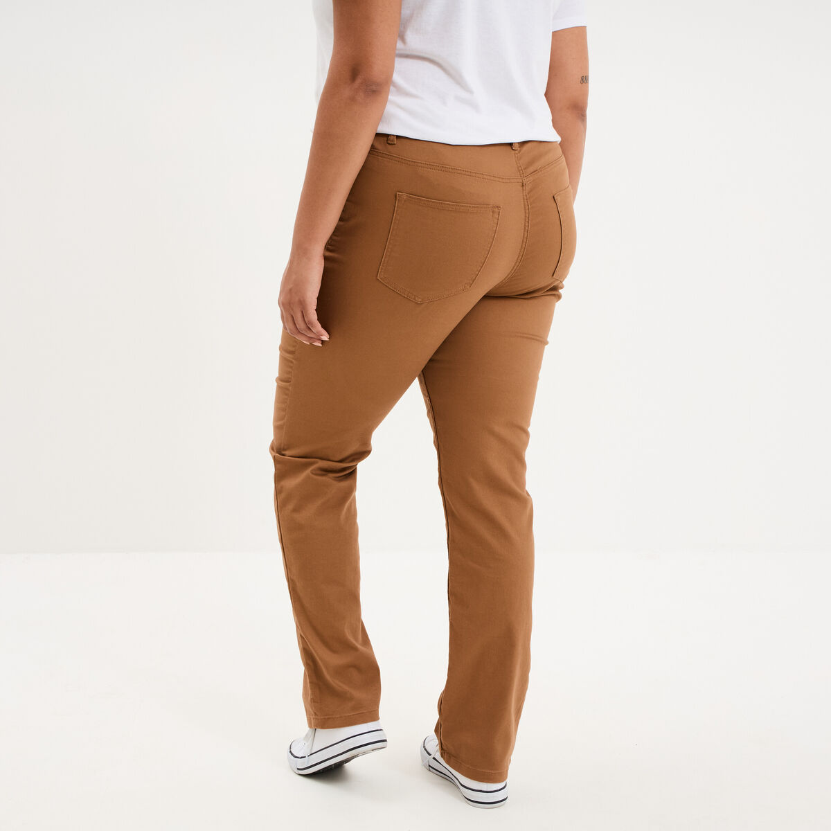 Pantalon droit taille haute extensible marron femme grande taille