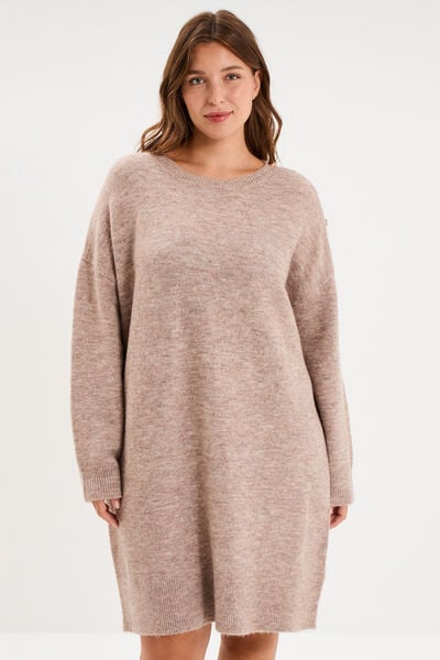 Robe pull oversize boutons &eacute;paule genou sable femme grande taille