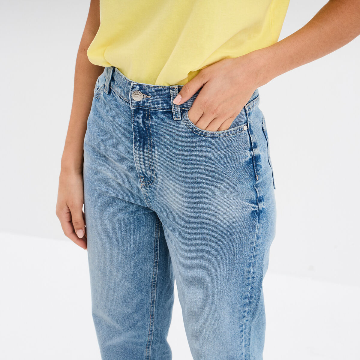 Jeans mom cropped taille haute denim double stone femme