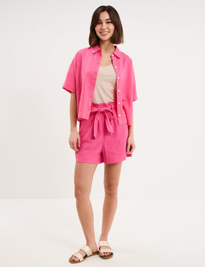 Chemise manches courtes lin m&eacute;lang&eacute; rose fushia femme