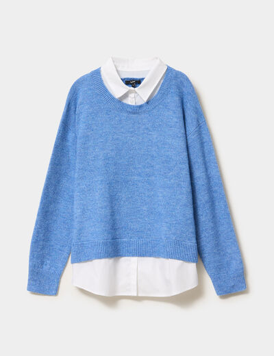 Pull effet 2-en-1 chemise bleu clair femme