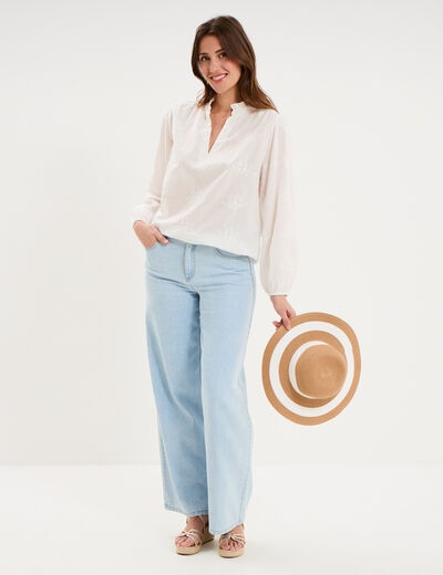 Blouse brod&eacute;e manches longues coton blanc femme