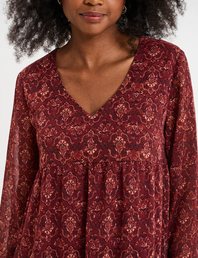 Robe évasée col en V et volants bordeaux femme