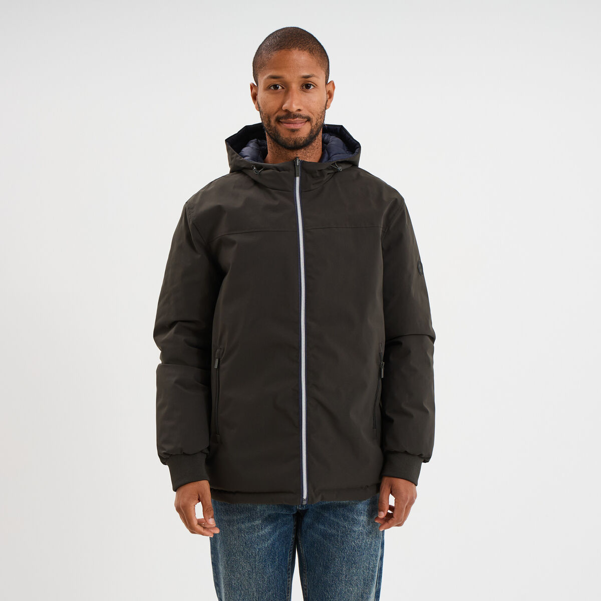 Blouson r&eacute;versible &agrave; capuche zipp&eacute; vert kaki homme