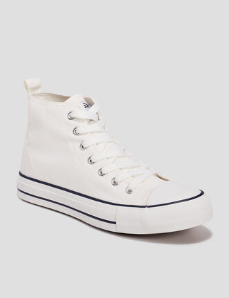 Tennis montantes &agrave; lacets en toile blanc femme