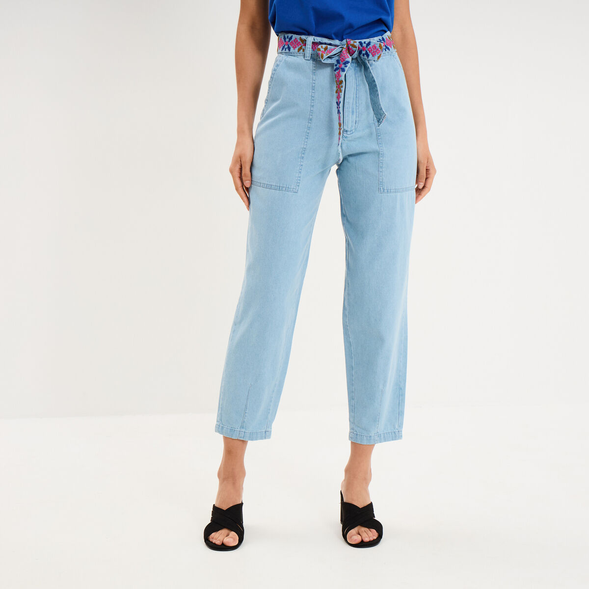 Jean mom cropped taille haute &agrave; ceinture denim triple stone femme