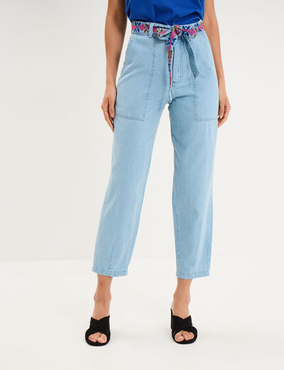 Jean mom cropped taille haute &agrave; ceinture denim triple stone femme