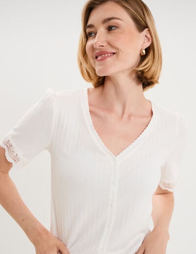 Blouse manches courtes col V dentelle blanc femme