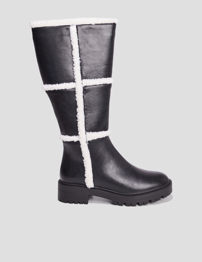 Bottes bandes fausse laine mouton noir femme