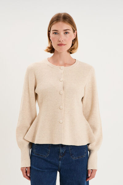Gilet col rond boutonn&eacute; peplum ecru femme