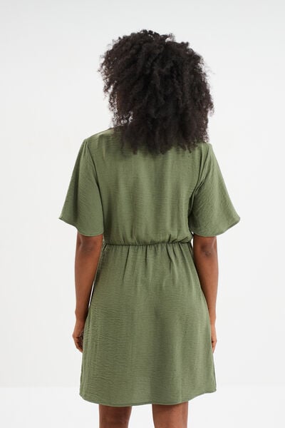 Robe courte col cache-coeur vert kaki femme