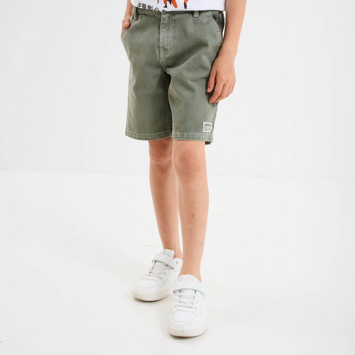 Bermuda large taille élastiquée coton vert kaki garçon