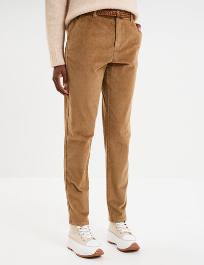 Pantalon chino slim effet velours vert kaki femme