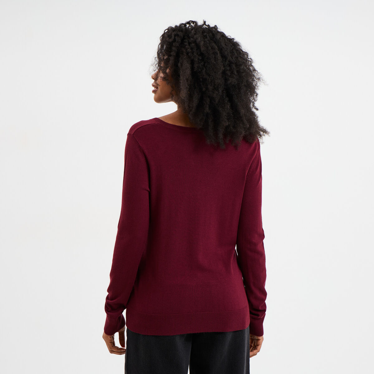 Pull col en V manches longues bordeaux femme