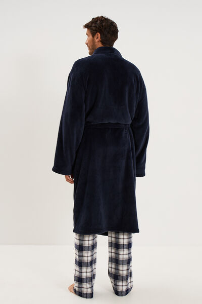 Peignoir long effet velours bleu fonc&eacute; homme
