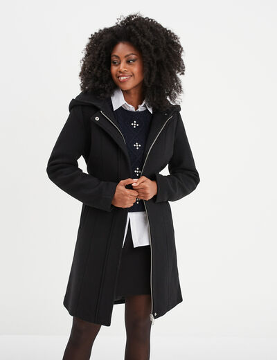 Manteau long ceinturé à capuche noir femme