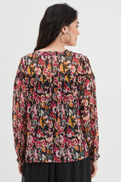 Blouse crêpe col cordons à nouer noir femme