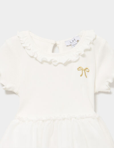 Robe c&ocirc;tel&eacute;e bas en tulle col claudine blanc b&eacute;b&eacute; fille