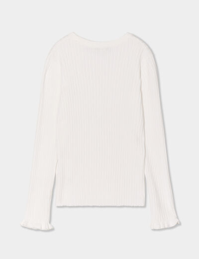 Pull côtelé ajusté manches longues ivoire fille