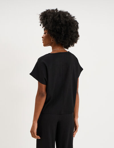 T-shirt gaufr&eacute; col rond manches courtes noir femme