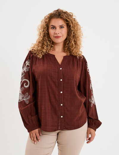Blouse manches brodées col tunisien marron femme grande taille