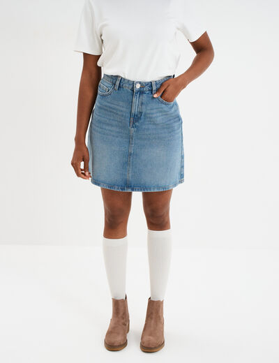 Jupe courte trapèze en jean coton denim double stone femme