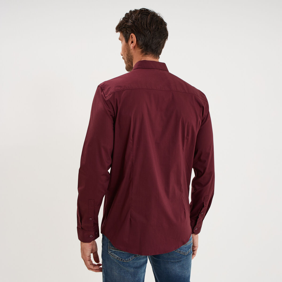 Chemise stretch manches longues violet fonc&eacute; homme