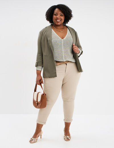 Pull col en V ajouré ecru femme grande taille